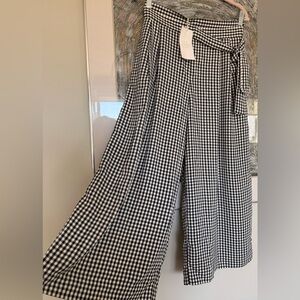 Zara Dark Blue Navy & White Gingham Wide-Leg Tie-Waist Pants